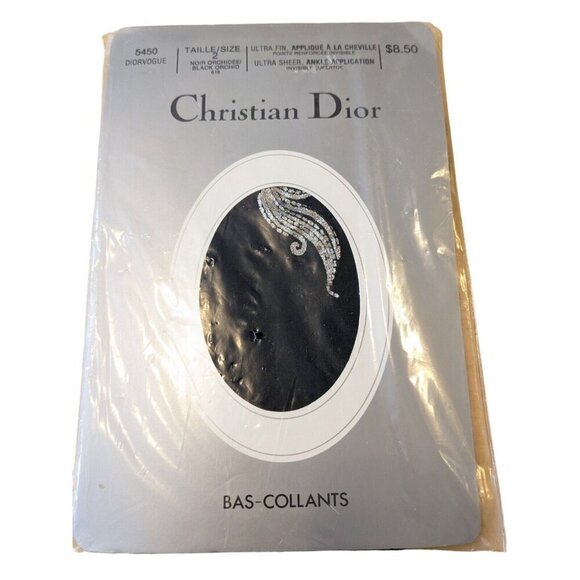 Vintage Christian Dior Pantyhose Ultra Sheer Black Orchid Size S Ankle Applique - Picture 1 of 5